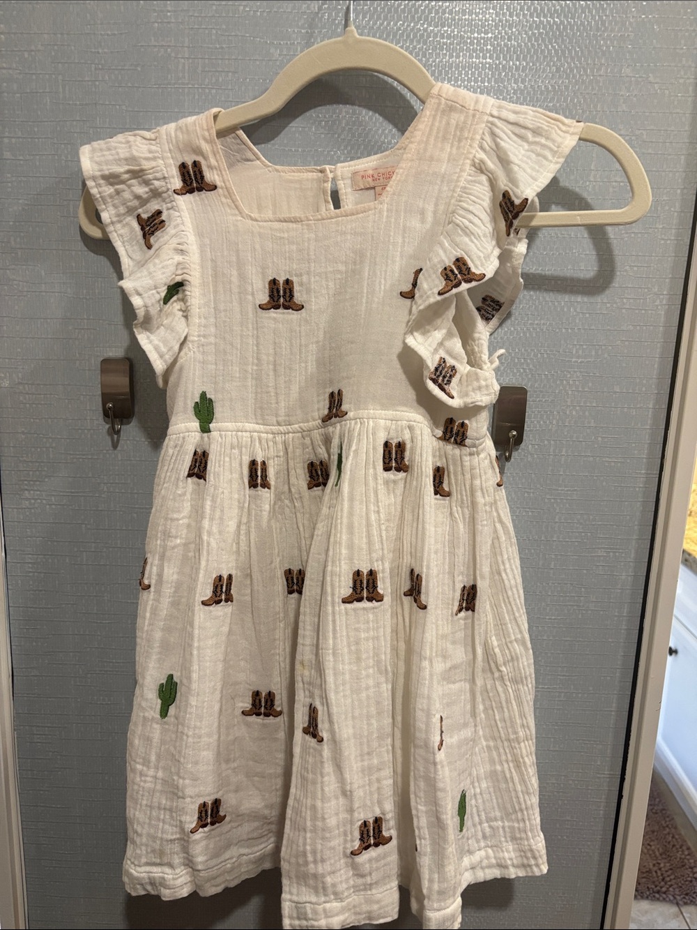 Pink Chicken White Dress with Embroidered Cowboy Boots & Cactus